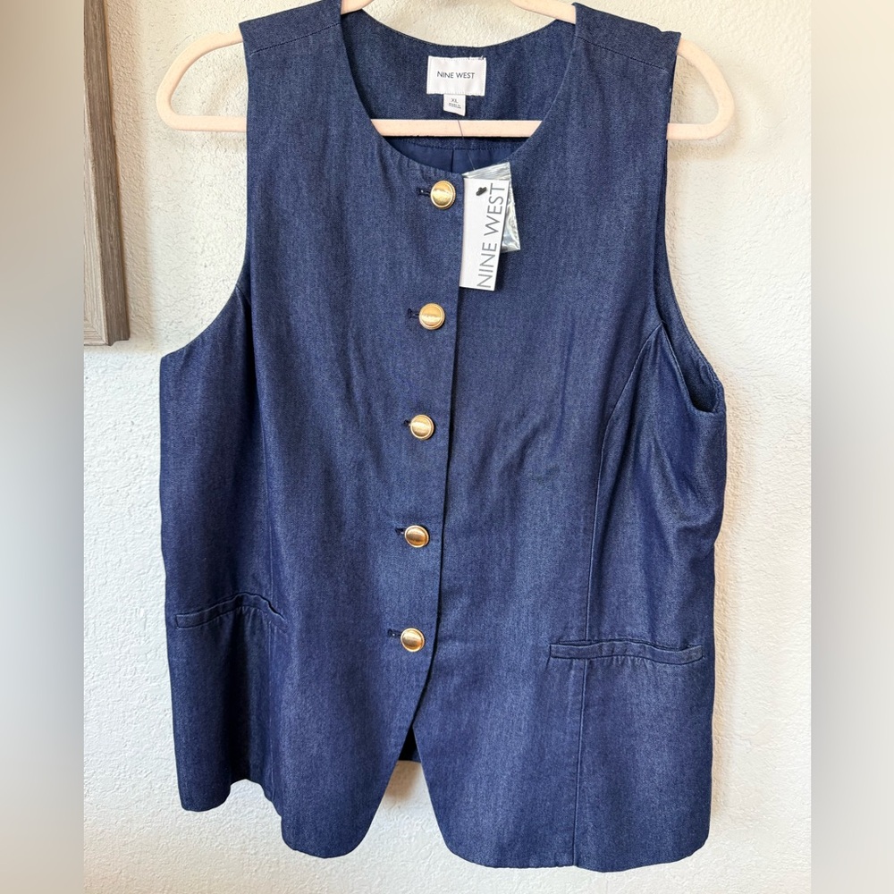 Nine West Dark Blue Jean Vest with Gold Accents